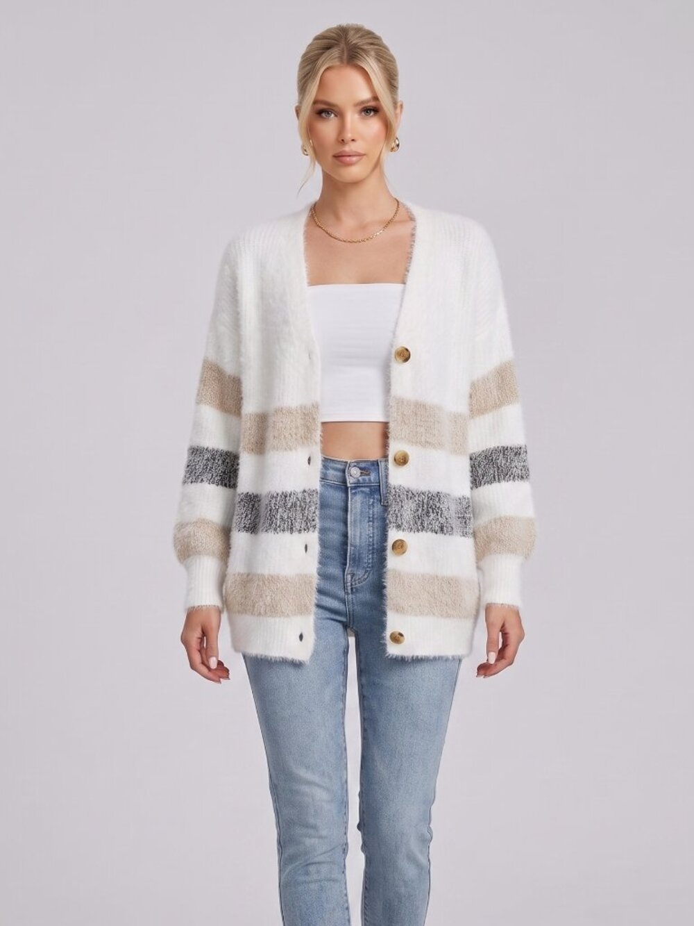 Women's Striped Fuzzy Cardigan V Neck Button Front Drop Shoulder Fall Sweater